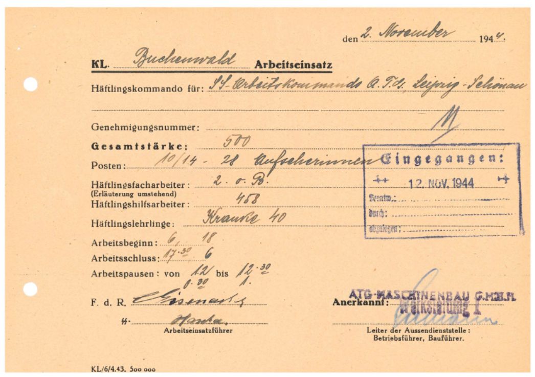 Arbeitseinsatzmeldung des Außenlagers Leipzig-Schönau, 2. November 1944. An diesem Tag arbeiteten 460 Frauen in der Tag- oder Nachtschicht. 40 Frauen waren wegen Krankheit nicht einsatzfähig.