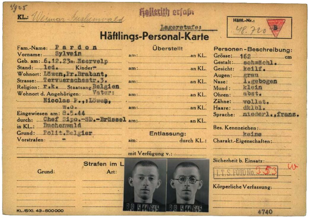 Häftlingspersonalkarte des KZ Buchenwald für den Belgier Sylvain Pardon. Im Mai 1944 war der 20-jährige Musiker nach Buchenwald deportiert worden. Anfang Dezember brachte die SS ihn nach Leipzig und später nach Flößberg. Nach einem Todesmarsch starb er Ende April 1945 im Lager Gusen in Österreich.