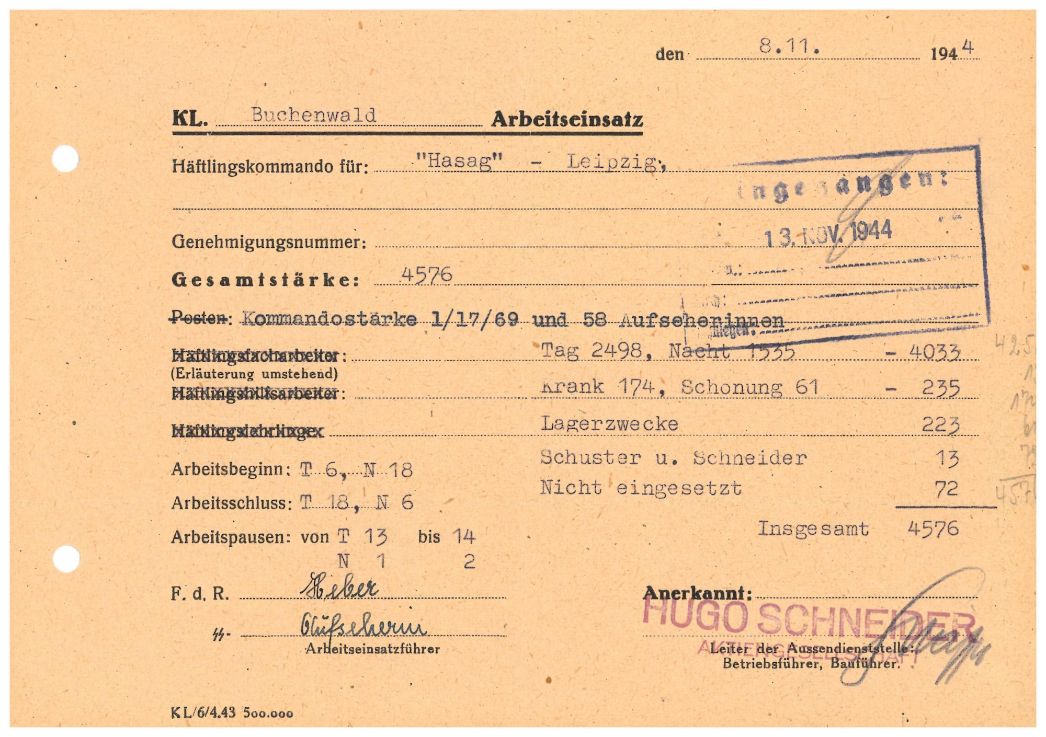 Arbeitseinsatzmeldung des Frauenaußenlagers Leipzig-Schönefeld vom 8. November 1944. Von den 4.576 Frauen arbeiteten an diesem Tag 4.033 in der Tag- und Nachtschicht in der Fabrik. 223 Frauen waren im Lager und 235 Frauen wegen Krankheit nicht arbeitsfähig. Die SS-Oberaufseherin Heber unterzeichnete die Meldung.