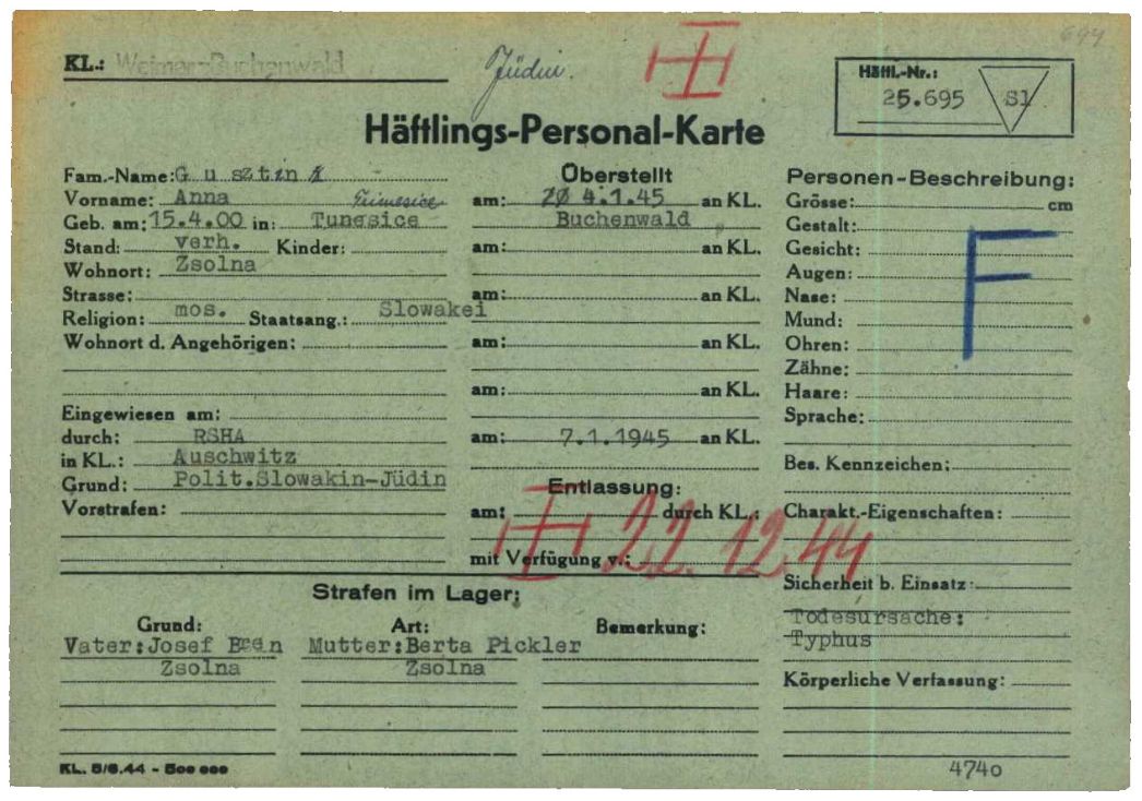 Häftlingspersonalkarte für die Anna Gusztin aus Zsolna, dem heutigen Žilina in der Slowake