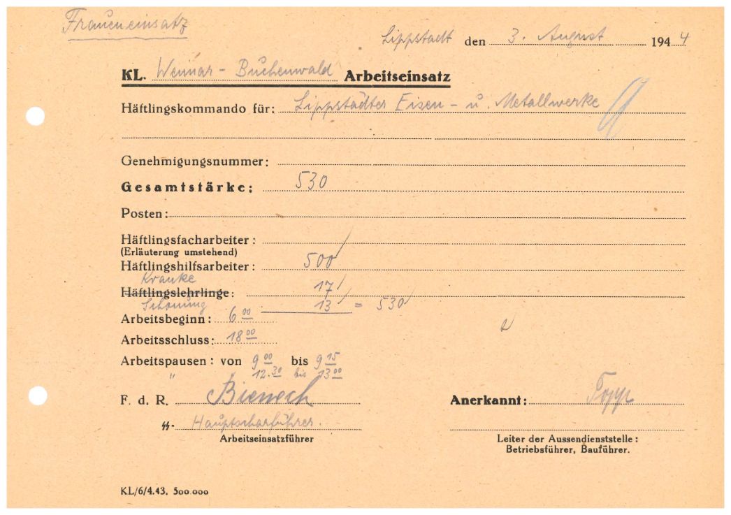 Arbeitseinsatzmeldung des Außenlagers „Lippstädter Eisen- und Metallwerke“ vom 3. August 1944