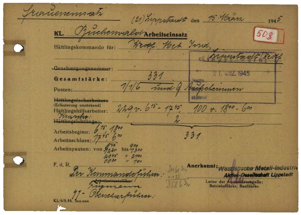 Vom Kommandoführer Hermann Fügmann unterzeichnete Arbeitseinsatzmeldung vom 15. März 1945