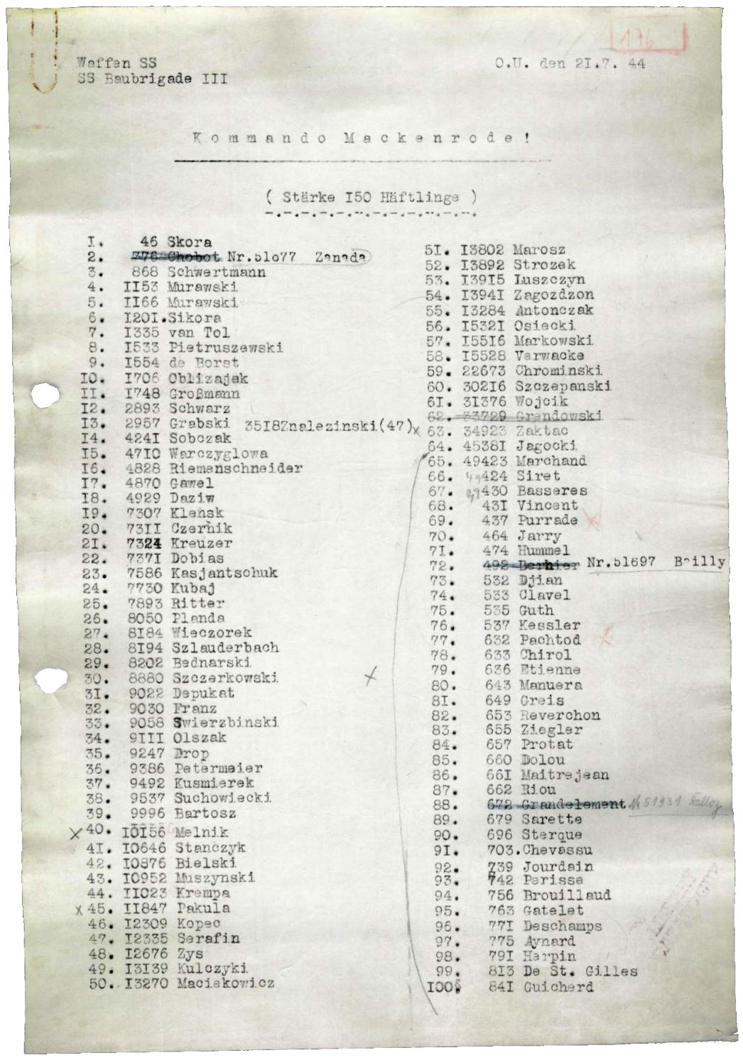 Erste Seite einer Liste mit Namen von Häftlingen, die am 21. Juli 1944 nach Mackenrode gebracht wurden, 21. Juli 1944