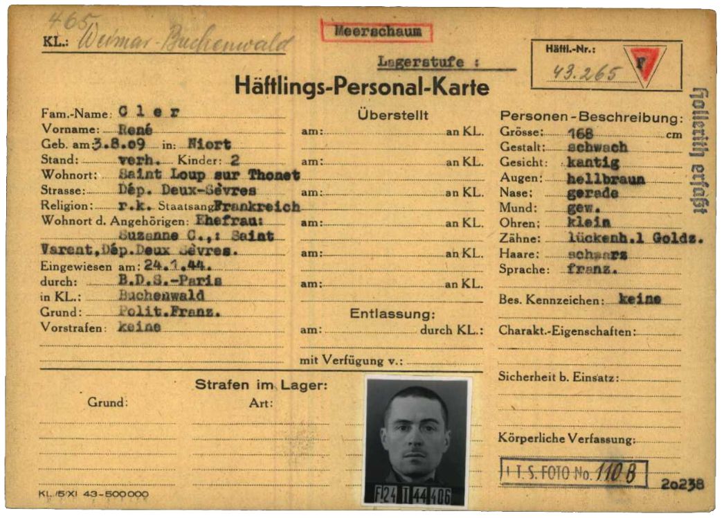 Häftlingspersonalkarte des KZ Buchenwald für den Franzosen René Cler, 1944. In Mackenrode setzte die SS den Mediziner und Familienvater als Häftlingsarzt ein. Zuvor war er im Außenlager in Schmiedebach (Laura) inhaftiert gewesen.