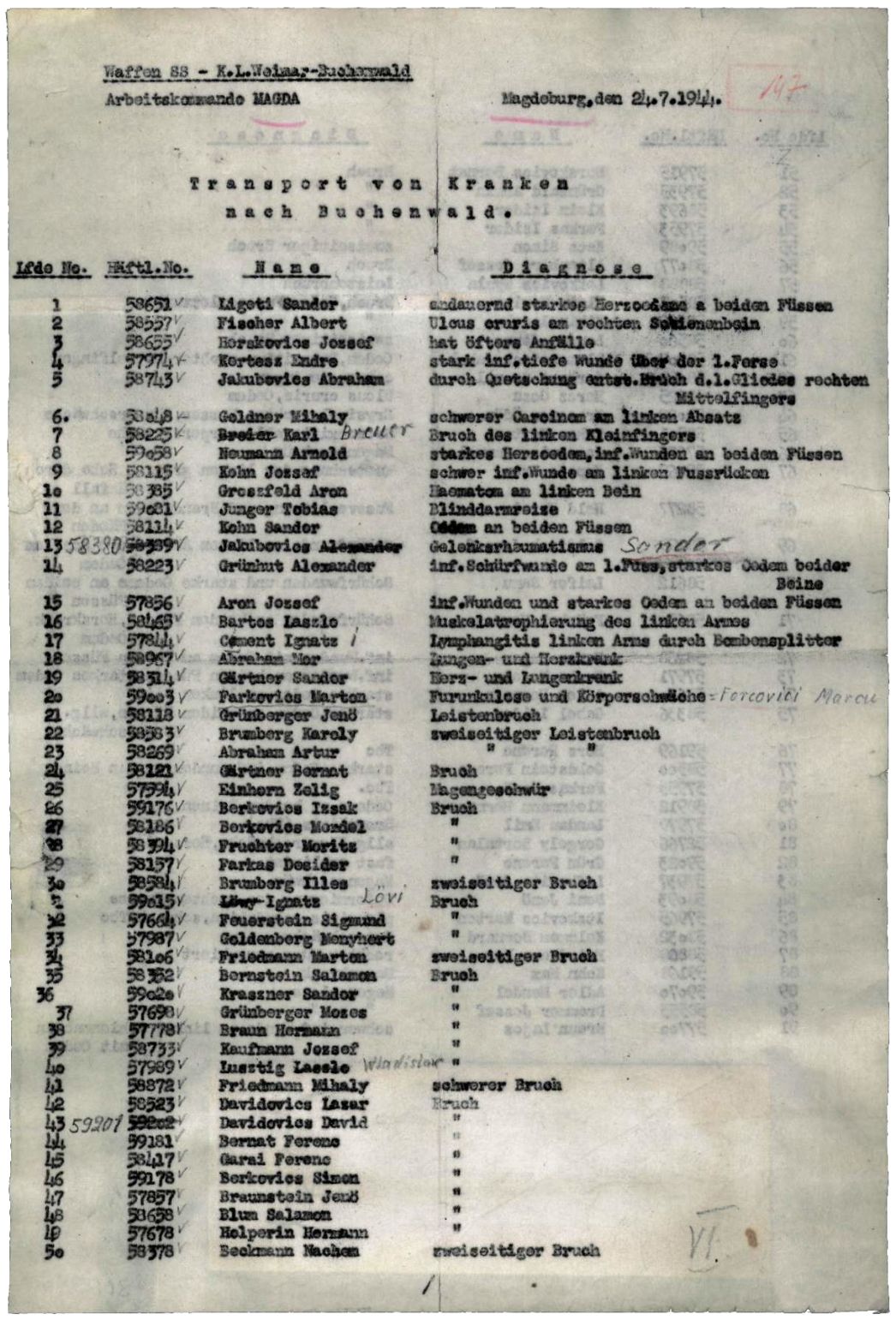 Im Außenlager „Magda“ erstellte Liste von Häftlingen, die zurück ins Hauptlager gebracht wurden, 24. Juli 1944. Die angeführten Diagnosen lassen die Arbeitsbedingungen erahnen. Viele der Häftlinge litten an den Folgen von Unfällen oder hatten Brüche, insbesondere Leistenbrüche – eine Folge der körperlich schweren Zwangsarbeit.