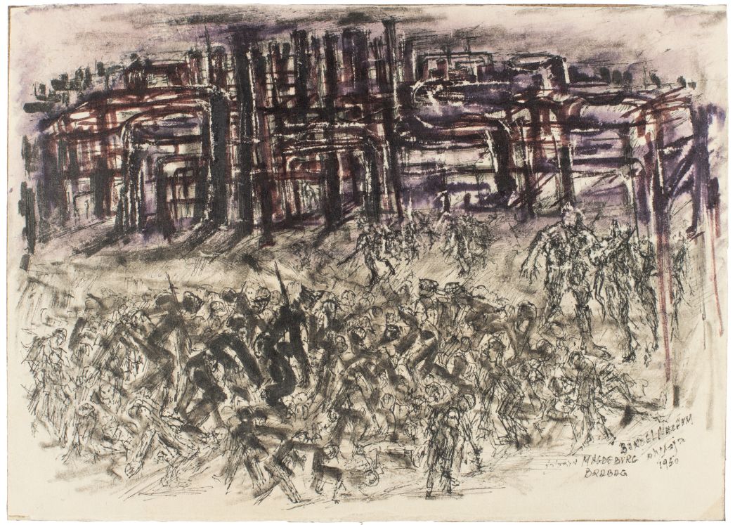 Nachum Bandel, Arbeit in Magdeburg in der Brabag, Tusche- und Federzeichnung, 1950. Seine Erfahrungen als Häftling in Magdeburg-Rothensee hielt Nachum Bandel in Werken wie diesem fest.