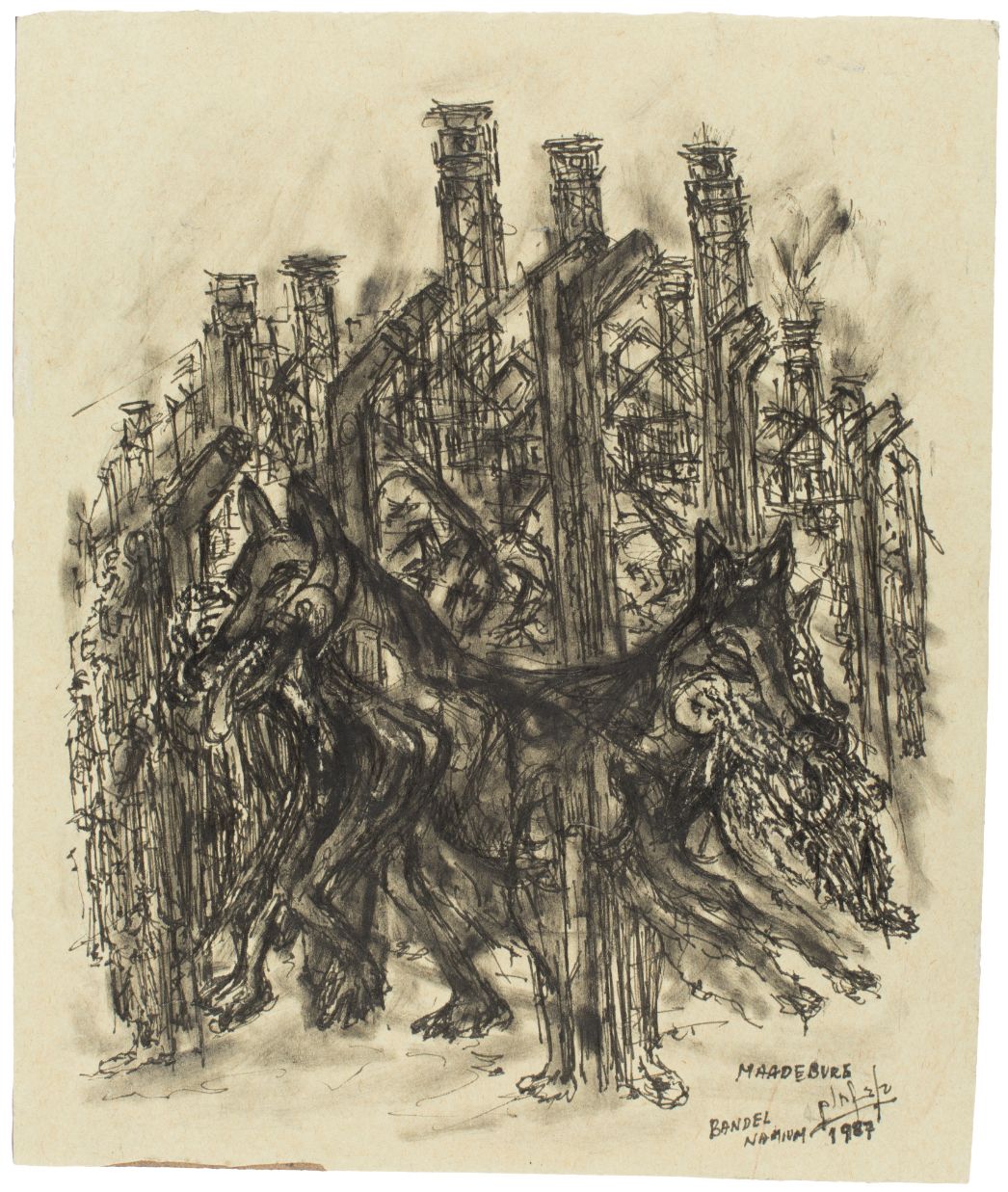 Nachum Bandel, Die Hunde von Magdeburg, Tuschzeichnung 1987. Seine Erfahrungen als Häftling in Magdeburg-Rothensee hielt Nachum Bandel in Werken wie diesem fest.
