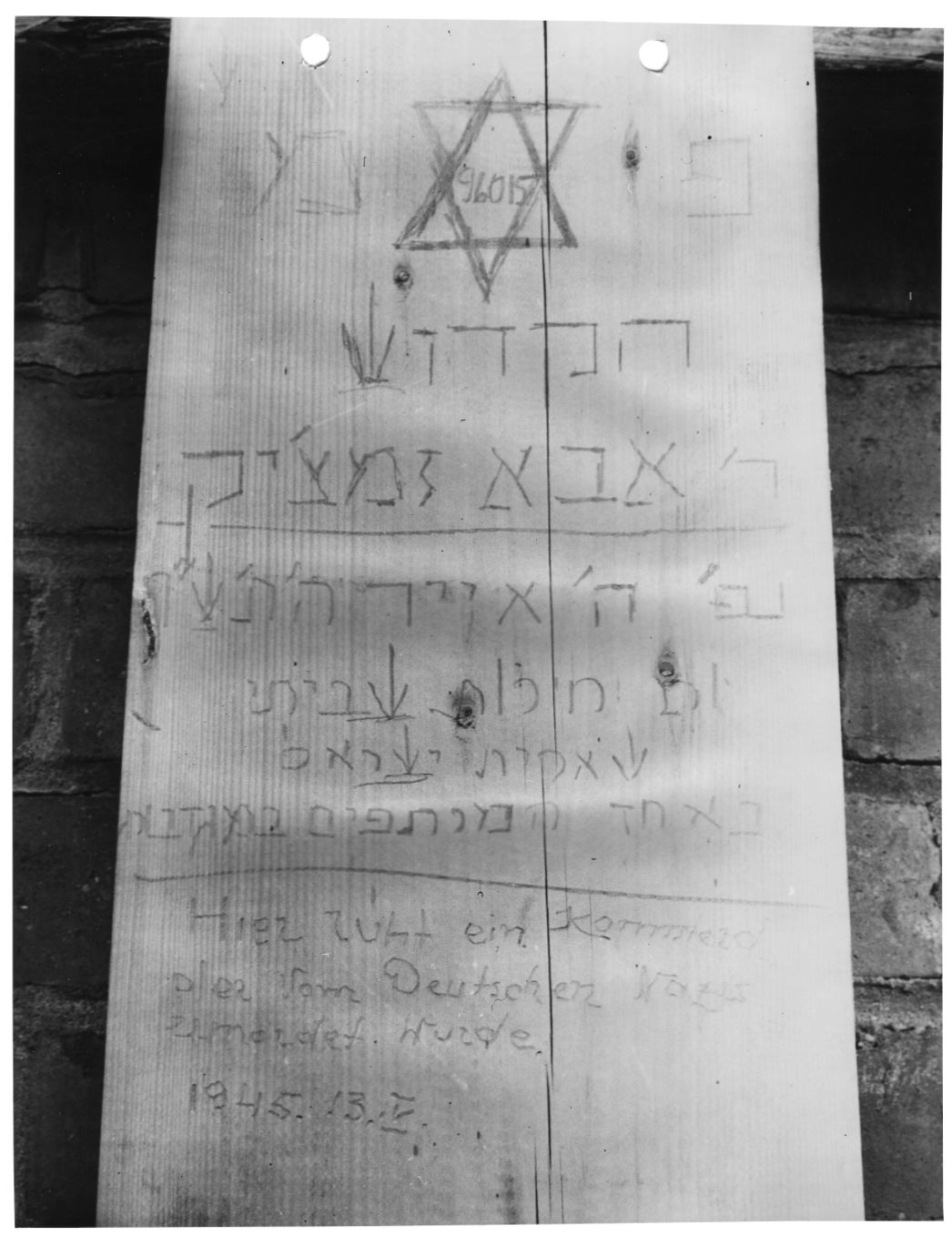 Oberteil des Sarges von Benjamin Sameitschik mit seiner Häftlingsnummer 96015, 27. Mai 1945