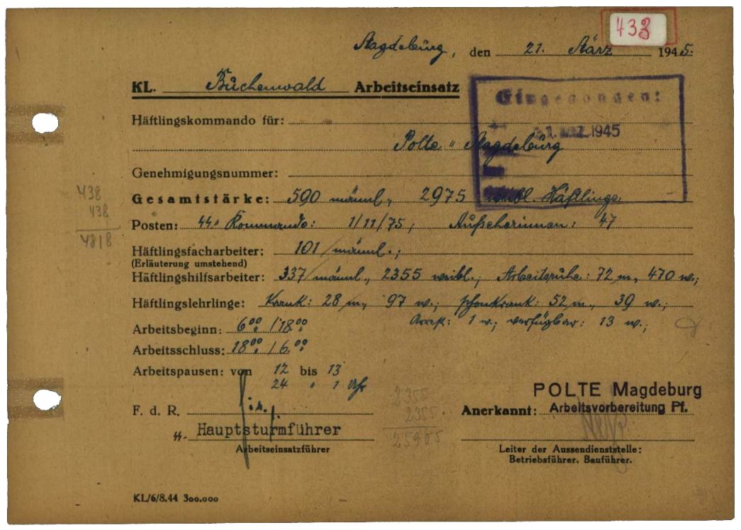 Arbeitseinsatzmeldung des Frauen- und Männerlagers bei den Poltewerken vom 21. März 1945. 2.355 Frauen arbeiteten an diesem Tag im Werk. Die übrigen über 600 Frauen waren wegen Krankheit oder aus unbekannten Gründen nicht eingesetzt.