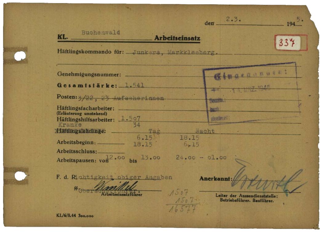 Arbeitseinsatzmeldung des Außenlagers Markkleeberg vom 2. März 1945. Von den 1.541 Frauen im Lager arbeiteten an diesem Tag 1.507 in der Tag- oder Nachtschicht, 34 waren wegen Krankheit nicht eingesetzt.