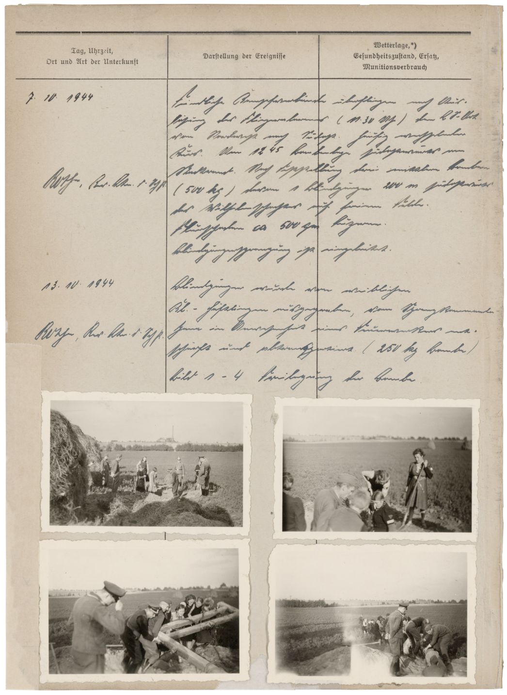 Kriegstagebuch der Stadt Meuselwitz, Oktober 1944. Die Fotos zeigen Frauen aus dem Außenlager Meuselwitz beim Ausgraben von Blindgängern. Der dazugehörige Eintrag lautet: „13.10.44: Blindgänger wurde von weiblichen KL-Häftlingen ausgegraben, vom Sprengkommando Jena in Anwesenheit eines Feuerwerkers entschärft und abtransportiert (250 kg Bombe). Bild 1-4 Freilegung der Bombe“