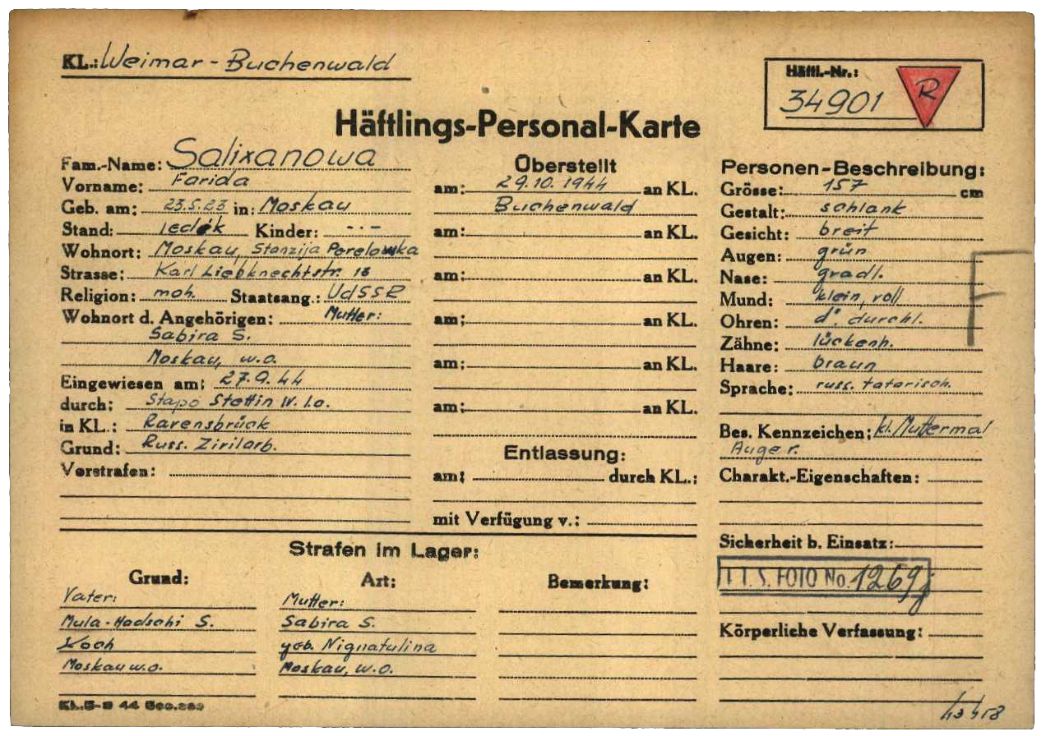 Häftlingspersonalkarte des KZ Buchenwald für Farida Saliksjanowa, 1944. Die Architekturstudentin aus Moskau war als Kommandeurin einer Aufklärungseinheit der Roten Armee 1943 in deutsche Kriegsgefangenschaft geraten. Über verschiedene Lager kam sie nach Meuselwitz. Sie überlebte.