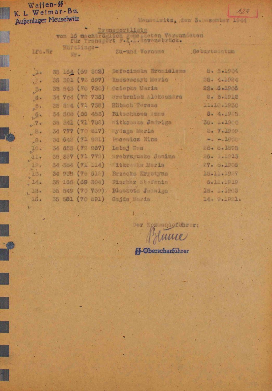 Von Kommandoführer Blume unterzeichnete Transportliste mit den Namen von 16 verwundeten Frauen, die in das KZ Ravensbrück gebracht wurden, 3. Dezember 1944