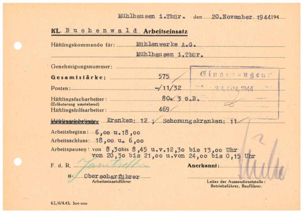 Arbeitseinsatzmeldung des Außenlagers Mühlhausen, 20. November 1944. An diesem Tag arbeiteten 552 Häftlinge in der Tag- oder Nachtschicht. 23 Männer waren wegen Krankheit nicht eingesetzt.