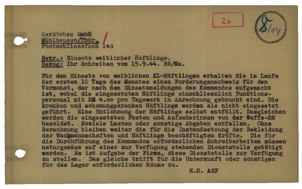 Schreiben des Arbeitseinsatzführers des KZ Buchenwald an die Gerätebau GmbH, September 1944. Es wurden die finanziellen und organisatorischen Rahmenbedingungen der Außenlagergründung erläutert.