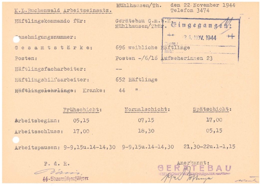 Arbeitseinsatzmeldung des Frauenaußenlagers Mühlhausen, 22. November 1944. 652 Frauen arbeiteten an diesem Tag in drei Schichten; 44 Frauen waren wegen Krankheit nicht einsatzfähig.