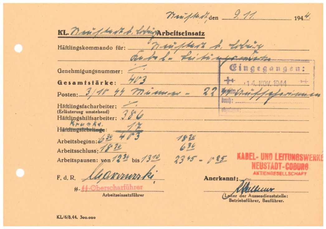 Arbeitseinsatzmeldung des Frauenaußenlagers in Neustadt, 9. November 1944. An diesem Tag arbeiteten 386 Frauen in der Tag- und Nachtschicht. 17 Frauen waren wegen Krankheit nicht arbeitsfähig.