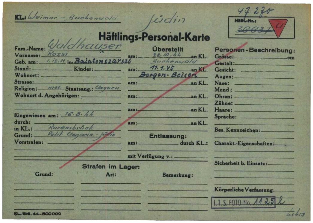 Häftlingspersonalkarte des KZ Buchenwald für Rozsi Waldhauser aus Balatonszárszó, 1944. Sie wurde im September 1944 von Ravensbrück nach Neustadt gebracht. Weil sie krank geworden war, schob die SS die 34-Jährige im Januar 1945 nach Bergen-Belsen ab. Ob sie überlebte, ist nicht bekannt.