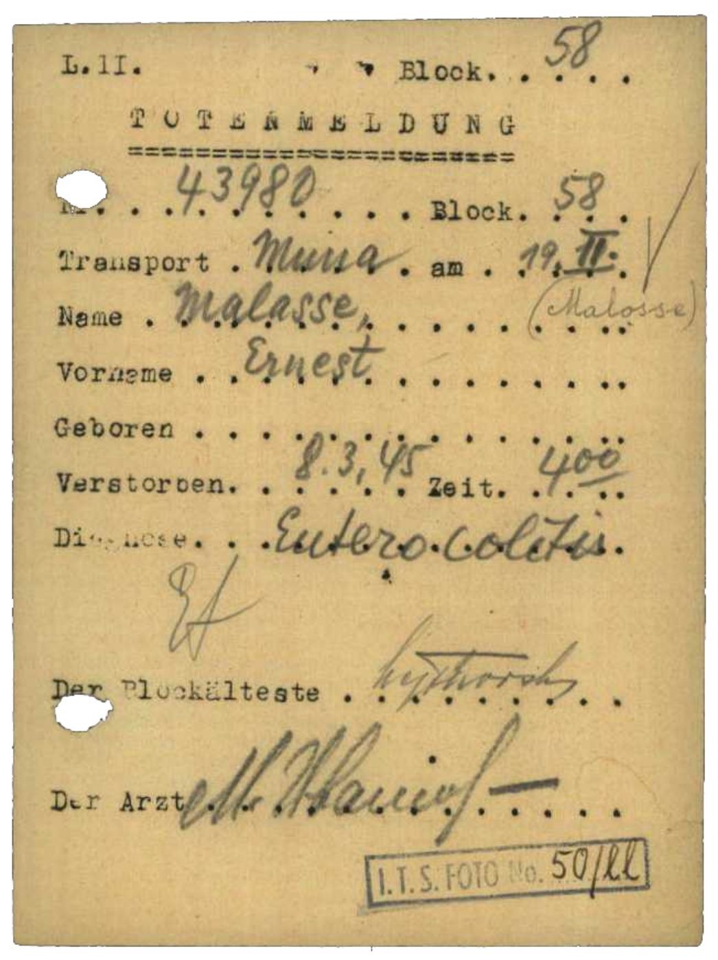 Totenmeldung aus dem Block 58 in Buchenwald, 8. März 1945. An diesem Tag starb der Franzose Ernest Malosse – kurz nach seiner Rücküberstellung aus dem Außenlager und zwei Tage nach seinem 49. Geburtstag. Er war seit Dezember 1944 in Oberndorf. Als Todesursache wurde eine Darmentzündung angegeben.
