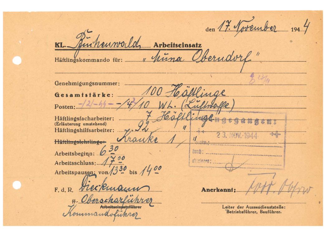 Arbeitseinsatzmeldung aus dem Außenlager Oberndorf, 17. November 1944. An diesem Tag arbeiteten 99 Häftlinge. Ein Häftling galt als krank.