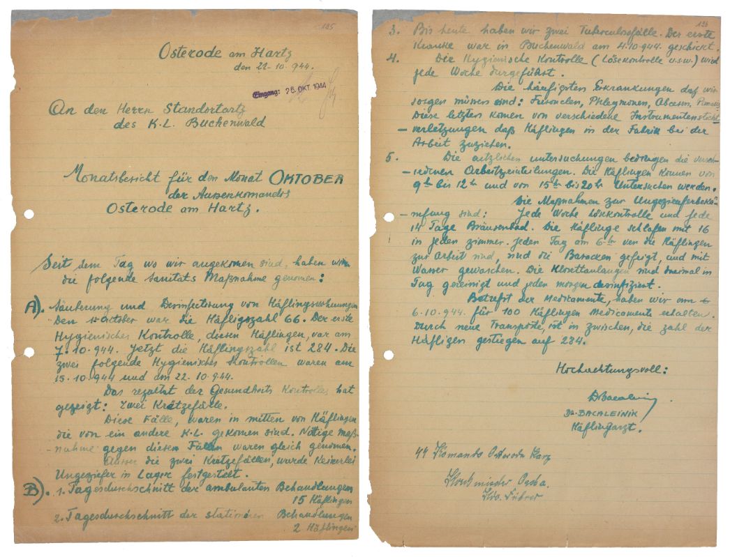 Monatsbericht des Häftlingsarztes über die medizinische Versorgung im Außenlager Osterode, 21. Oktober 1944. Er berichtete unter anderem über die Maßnahmen zur Ungezieferbekämpfung und die Krankheiten im Lager.