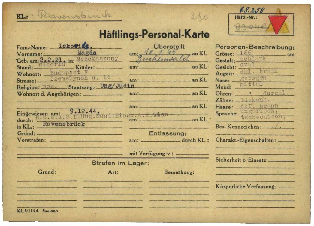 Häftlingspersonalkarte des KZ Ravensbrück für Magda Iczkovics, 1944. In Košín im heutigen Tschechien geboren, lebte sie zum Zeitpunkt des deutschen Einmarsches nach Ungarn in Budapest. Sie überlebte die Verschleppung nach Deutschland und emigrierte später in die USA.