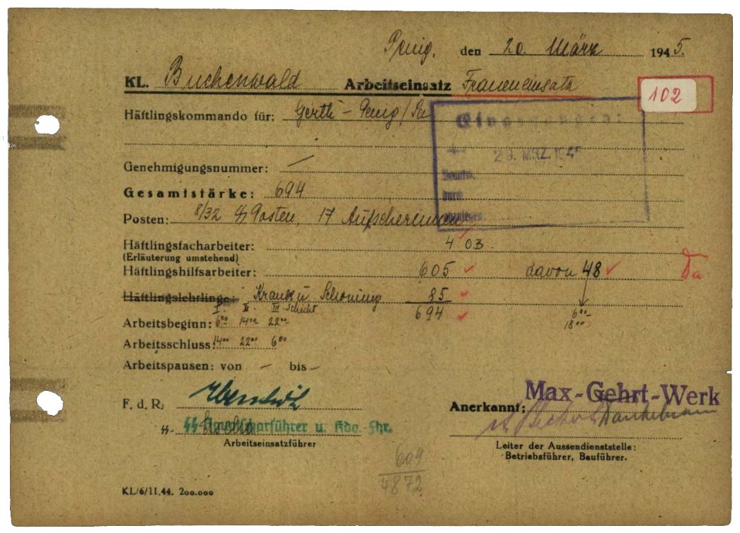 Arbeitseinsatzmeldung des Außenlagers Penig, 20. März 1945. Von den insgesamt 694 Frauen im Lager arbeiteten an diesem Tag 605 in drei Schichten abwechselnd im Werk. 85 Frauen waren krank und deshalb nicht arbeitsfähig. 