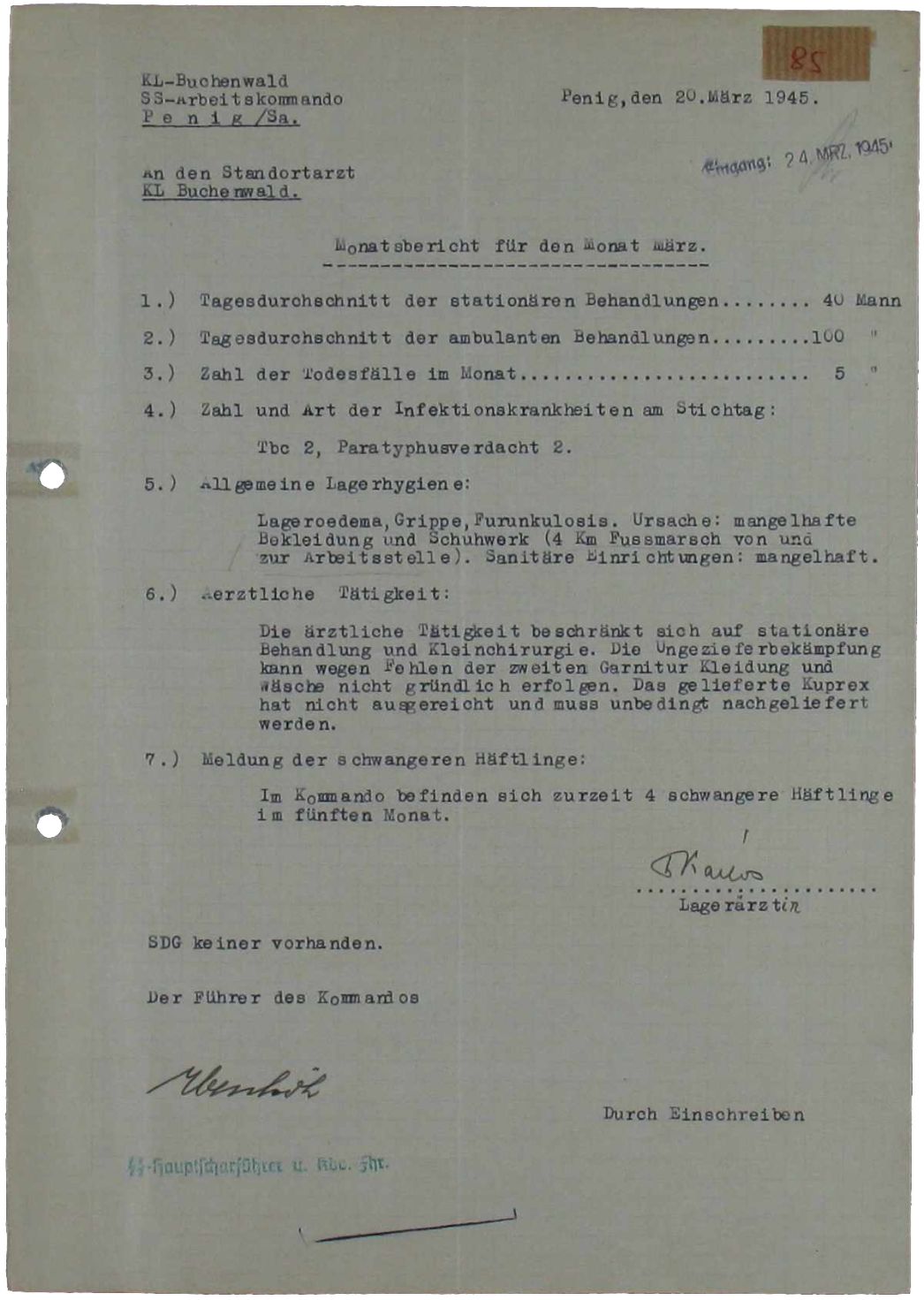 Monatsbericht der Häftlingsärztin Margit Kallos für den Monat März 1945, 20. März 1945. Die Missstände im Lager wurden klar benannt. Was aus den im Bericht erwähnten vier schwangeren Frauen wurde, ist nicht bekannt.