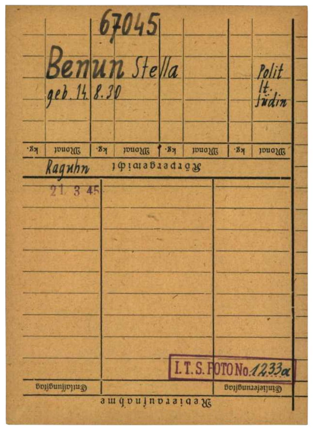 Häftlingskarteikarte der 14-jährigen Stella Benun