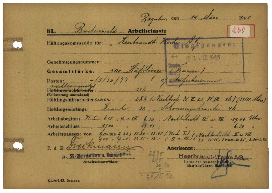 Arbeitseinsatzmeldung des Außenlagers Raguhn, 14. März 1945