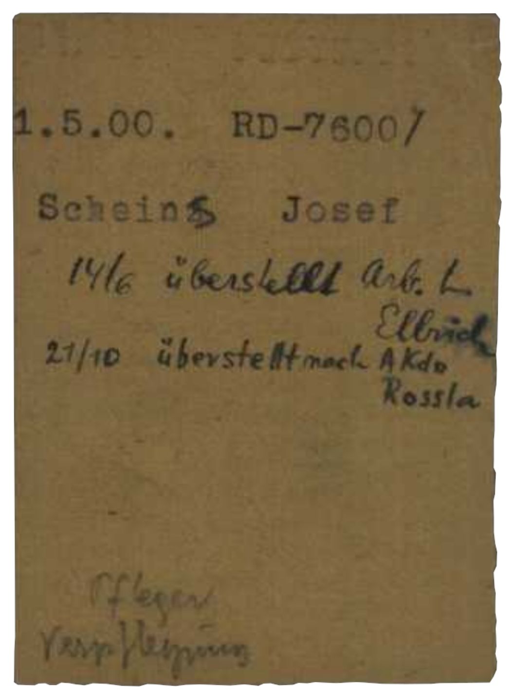 Arbeitskarte des politischen Häftlings Josef Scheins aus Aachen, 1944. Der gelernte Parkettleger wurde ab Juli 1943 als Häftlingspfleger in Buchenwald eingesetzt – wie die Karteikarte zeigt, in gleicher Funktion später auch in den Außenlagern Dora, Ellrich und Roßla. Er überlebte.