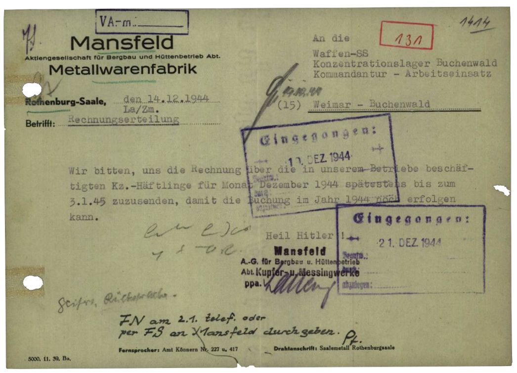 Schreiben der Mansfeld A.G., Werk Rothenburg, an die Kommandantur des KZ Buchenwald, 14. Dezember 1944. Das Unternehmen bat die SS, die Rechnung für den Häftlingseinsatz in Rothenburg für den Monat Dezember 1944 fristgerecht zu schicken, um die Gelder entsprechend zu verbuchen.