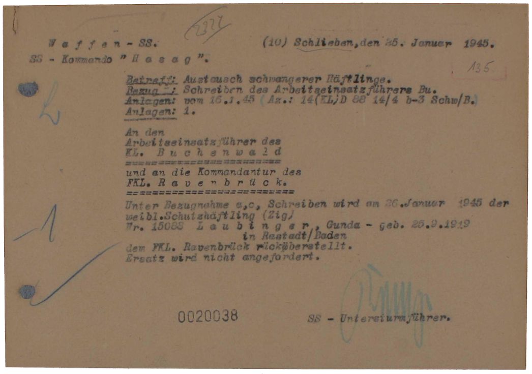 Der Kommandoführer des Außenlagers Schlieben meldete dem Arbeitseinsatzführer in Buchenwald die Rücküberstellung der schwangeren Gunda Laubinger in das KZ Ravensbrück, 25. Januar 1945. Was aus ihr wurde, ist nicht bekannt.