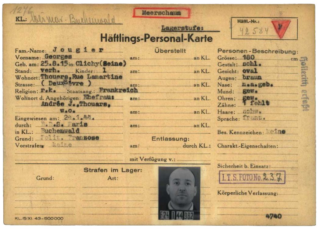 Häftlingspersonalkarte des KZ Buchenwald für Georges Jougier aus Thouars in Frankreich. Der Eisenbahner und Widerstandskämpfer musste seit März 1944 in „Laura“ arbeiten. Ende August brachte die SS ihn mit anderen Häftlingen in das Außenlager Mackenrode der SS-Baubrigade III. Er überlebte.