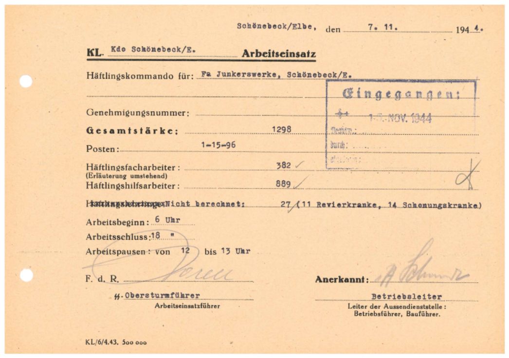 Arbeitseinsatzmeldung des Außenlagers Schönebeck, 7. November 1944. An diesem Tag arbeiteten 1.271 Häftlinge von 6 bis 18 Uhr im Junkerswerk, unterbrochen von einer einstündigen Mittagspause. 27 Männer waren wegen Krankheit nicht eingesetzt.