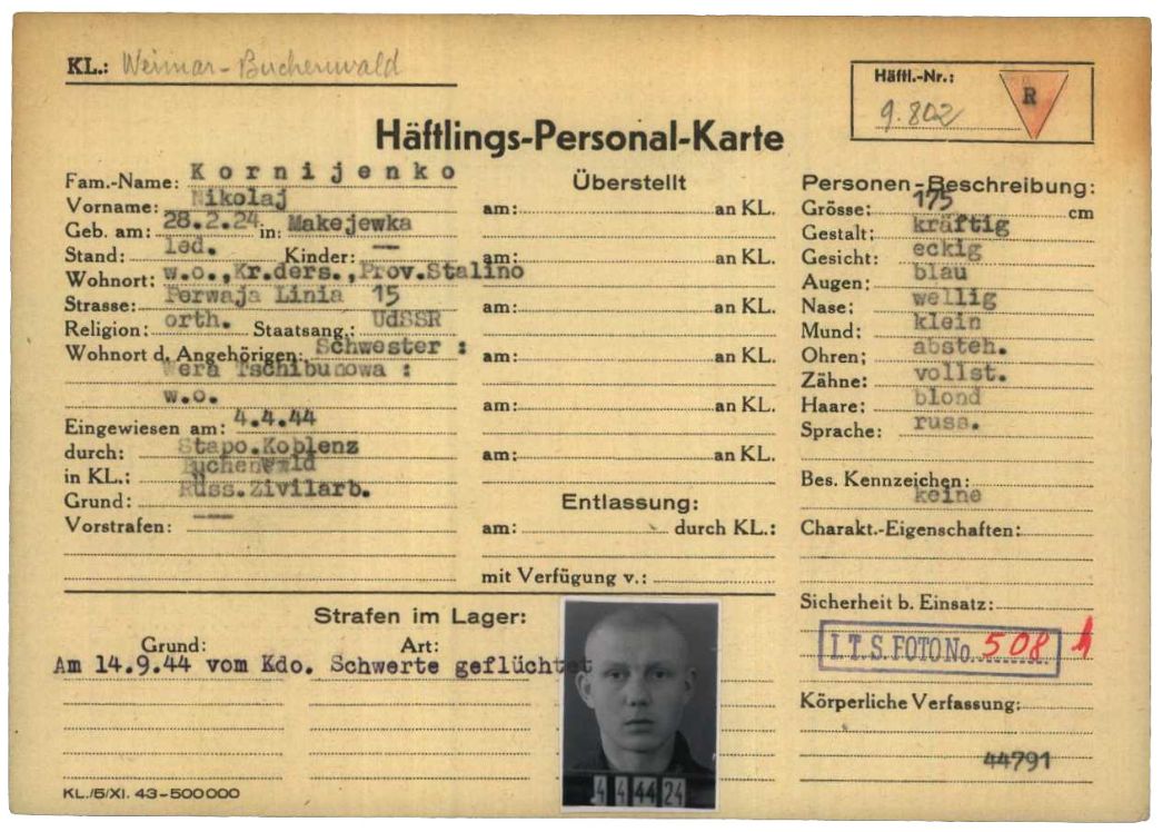 Häftlingspersonalkarte für Nikolaj Kornijenko aus Makijiwka in der Ostukraine, 1944