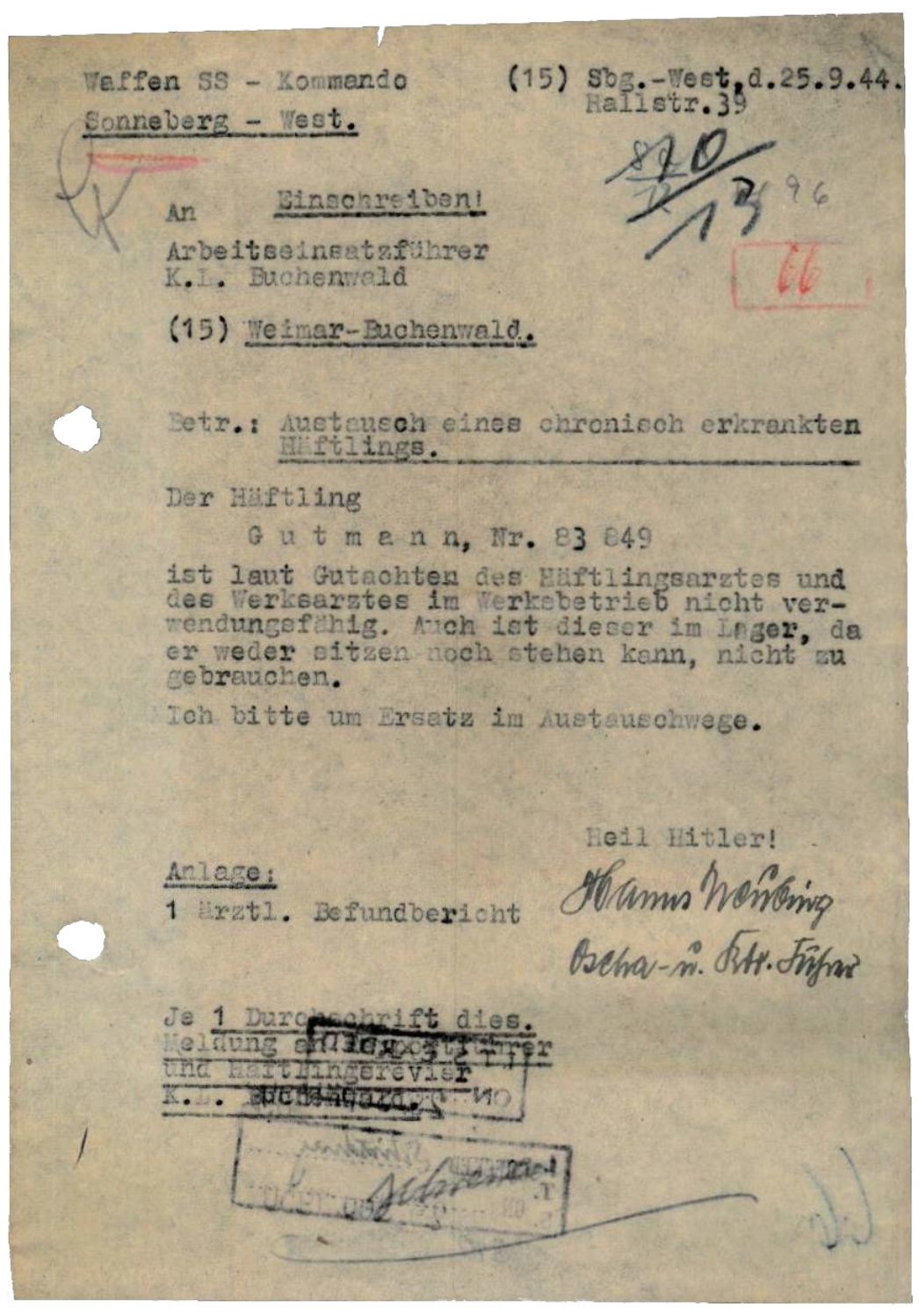 Von Kommandoführer Johann (Hans) Neubing unterzeichnetes Schreiben an den Arbeitseinsatzführer des KZ Buchenwald, 25. September 1944