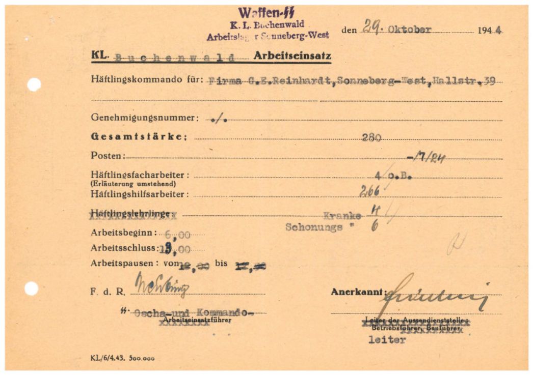 Arbeitseinsatzmeldung des Außenlagers Sonneberg-West, 29. Oktober 1944