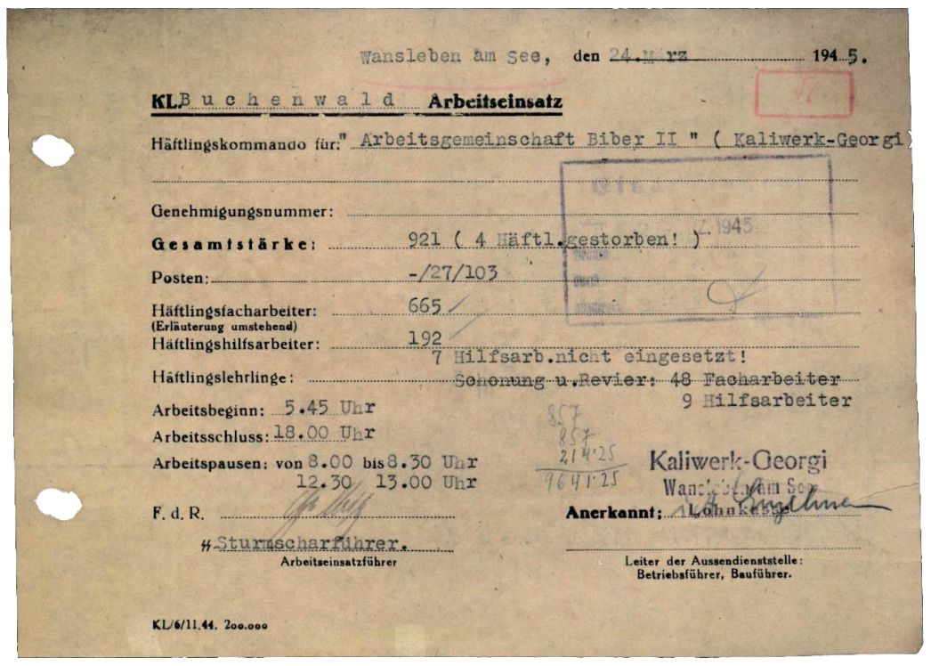Arbeitseinsatzmeldung des Außenlagers Wansleben am See, 24. März 1945. Die Meldung bezieht sich lediglich auf die 857 Männer, die an diesem Tag von 5:45 Uhr bis 18 Uhr im Georgi-Schacht in der Produktion arbeiteten. Die übrigen Häftlinge des Außenlagers waren an diesem Tag in anderen Arbeitskommandos, unter anderem auf Baustellen, eingesetzt.