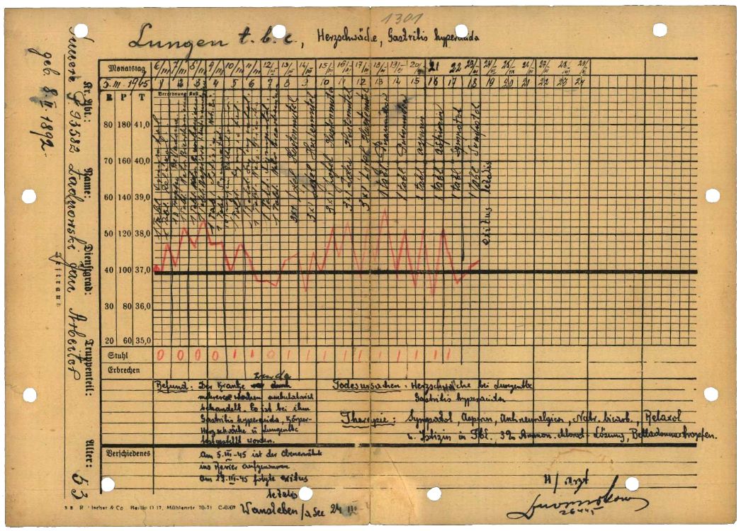 Vom Häftlingsarzt Orest W. Dwornikow angelegtes Krankenblatt der Krankenstation im Außenlager Wansleben für den polnischen Häftling Jan Ladnowski aus Warschau, März 1945. Unter anderem wegen Körper- und Herzschwäche wurde der 53-Jährige bereits länger ambulant behandelt und am 5. März 1945 dann stationär in den Krankenbau aufgenommen, wo er am 24. März verstarb. Als Todesursachen sind Lungentuberkulose, Herzschwäche und eine Gastritis dokumentiert.