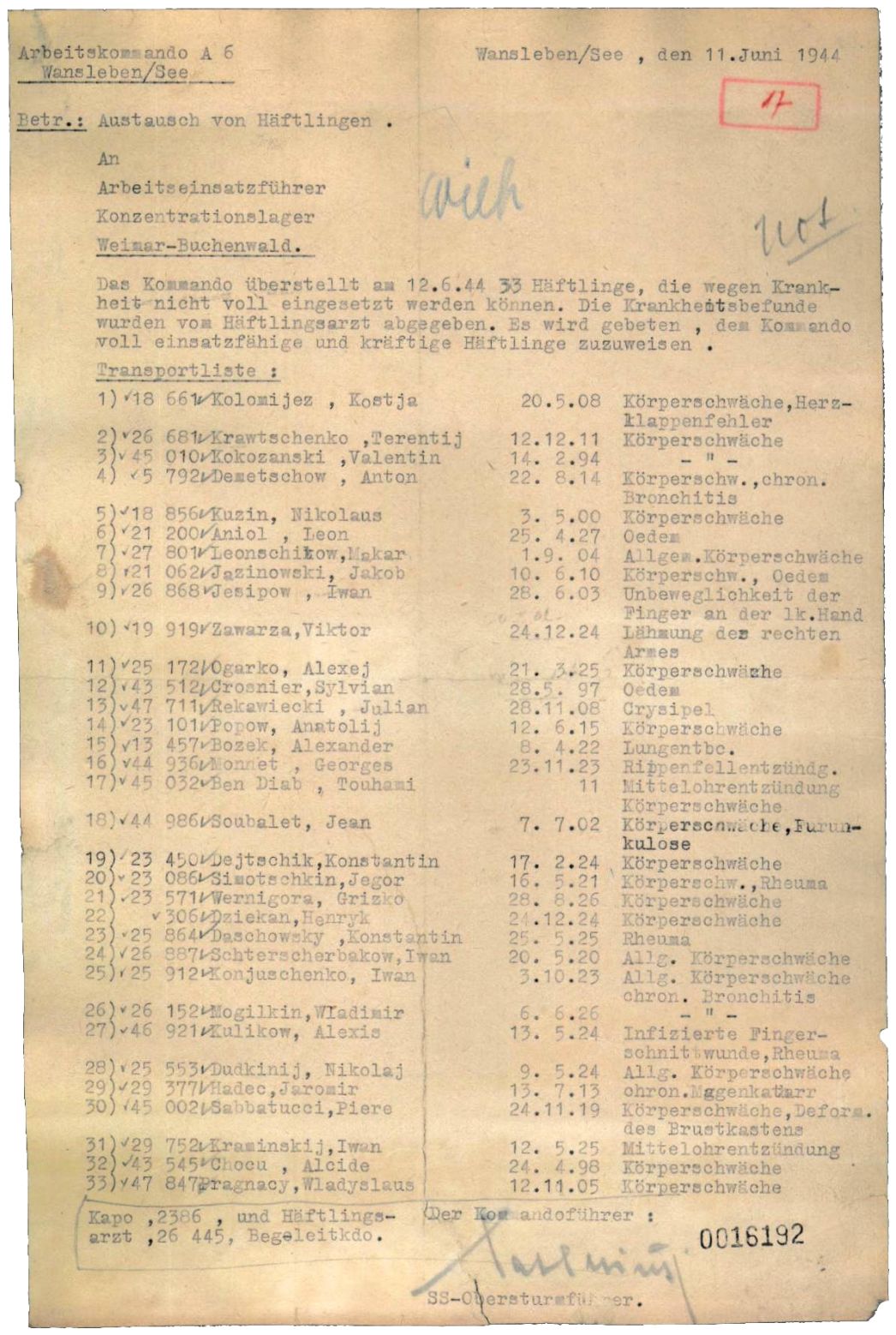 Transportliste mit den Namen von 33 Häftlingen, die wegen Krankheit aus Wansleben zurück nach Buchenwald gebracht wurden mit der Bitte, im Austausch „voll einsatzfähige und kräftige Häftlinge“ zu schicken, 11. Juni 1944. Die Männer waren beim Ausbau der Stollen eingesetzt gewesen.