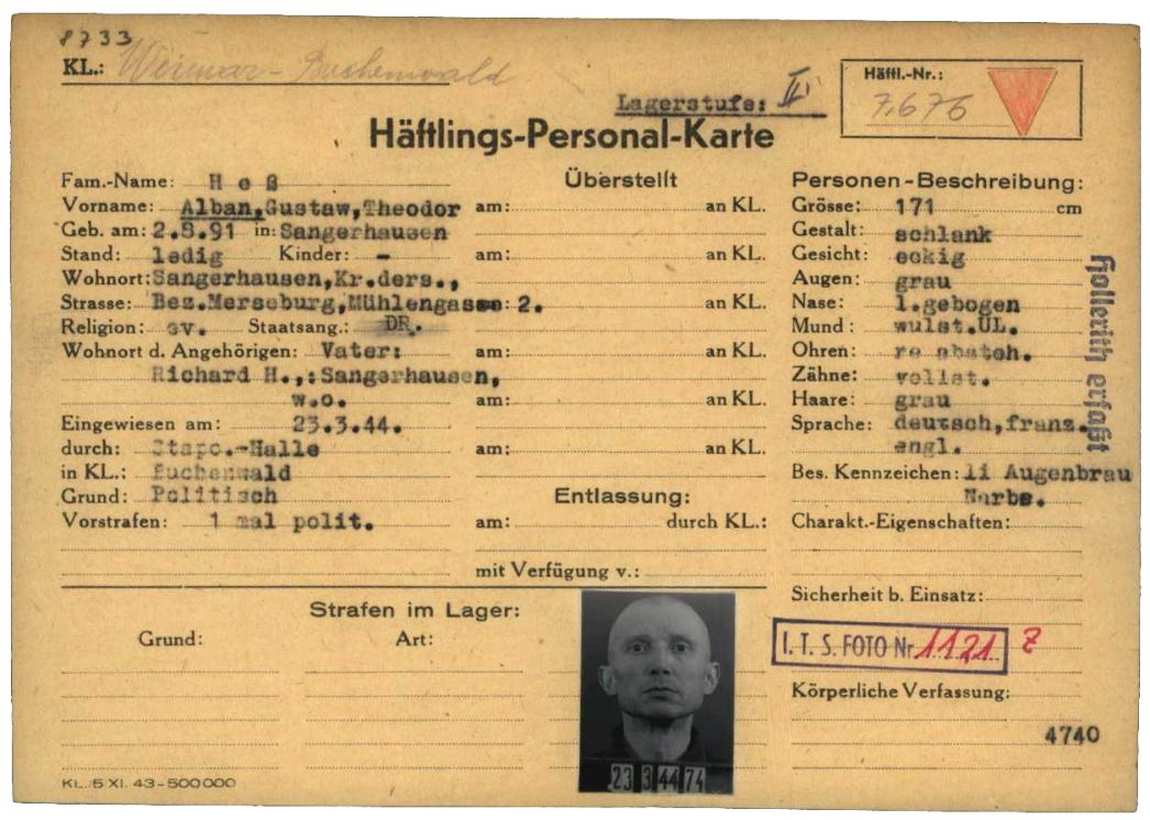 Häftlingspersonalkarte des KZ Buchenwald für den 52-jährigen deutschen Häftling Alban Heß, 1944. Der Buchhändler aus Sangerhausen wurde wegen seiner kritischen Haltung zum NS-Staat im März 1944 in das KZ Buchenwald eingewiesen. Im August 1944 kam er in das Außenlager in Weimar. Er überlebte.