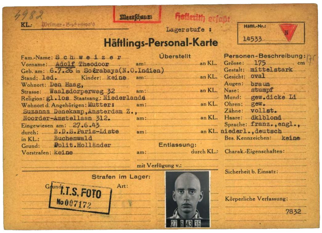 Häftlingspersonalkarte des KZ Buchenwald für Adolf Theodoor Schweizer, Juni 1943. Als 16-Jähriger war der Niederländer in Frankreich bei dem Versuch, die Grenze nach Spanien zu übertreten, verhaftet und nach Buchenwald deportiert worden. In Westeregeln zählte er zu den Jüngsten. Dass er aus einer jüdischen Familie stammte, konnte er vor den deutschen Behörden verheimlichen. Er überlebte. 