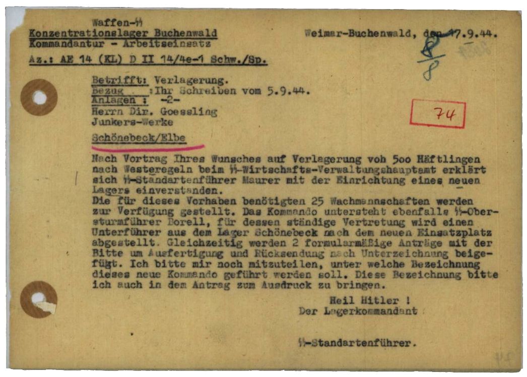 Schreiben des Buchenwalder Lagerkommandanten Pister an Fritz Gößling von den Junkerswerken Schönebeck, 17. September 1944. Er informierte ihn über die Genehmigung der SS-Zentrale in Berlin, ein Außenlager in Westeregeln einzurichten.