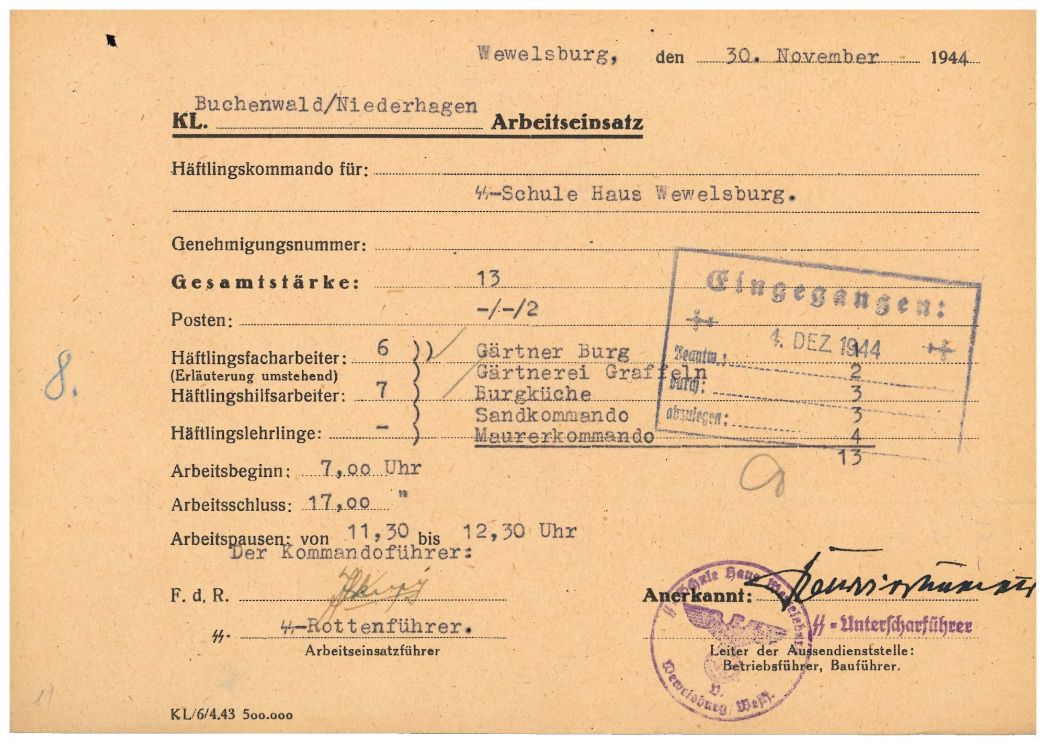 Arbeitseinsatzmeldung für einen Teil der Häftlinge des Außenlagers Wewelsburg vom 30. November 1944. An diesem Donnerstag waren 13 Häftlinge auf der Wewelsburg, u.a. in der Gärtnerei und der Küche, tätig und wurden von zwei SS-Männern bewacht. Weitere Meldungen für diesen Tag dokumentieren die Zwangsarbeit von 23 Häftlingen für die Bauleitung der „SS-Schule Haus Wewelsburg“ (u.a. in Werkstätten und in der Stadt Büren), weitere fünf waren für den Lagerbetrieb eingesetzt, ein Häftling war krank.