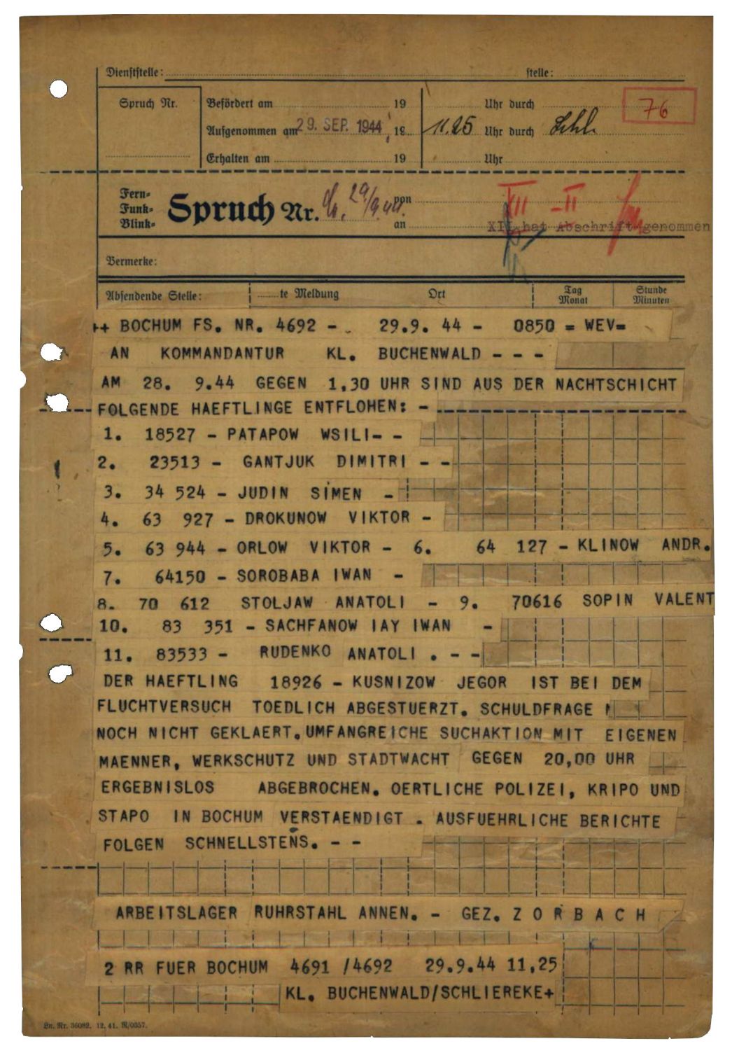 Meldung des Kommandoführers Ernst Zorbach an die Kommandantur in Buchenwald über die Flucht von elf Häftlingen, 29. September 1944.