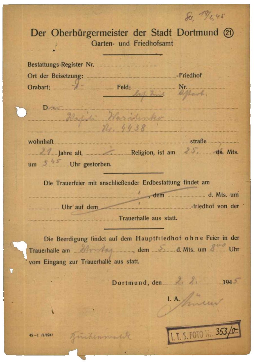 Nachweis des Garten- und Friedhofsamtes der Stadt Dortmund über die Beerdigung von Wasilij Wasilenko, 2.2.1945.