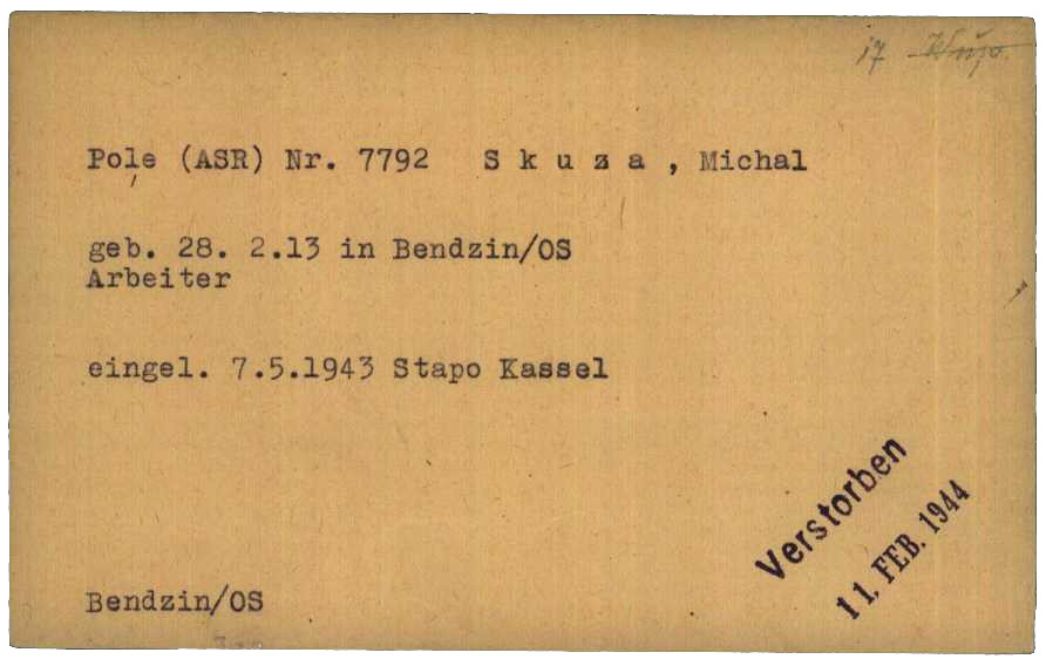 Schreibstubenkarte des KZ Buchenwald für Michal Skuza, 1943.