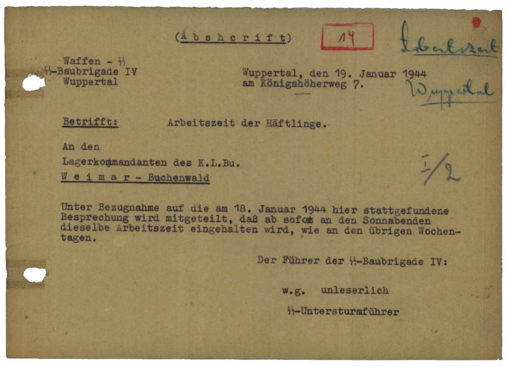 Abschrift eines Schreibens des Führers der Baubrigade IV, Otto Diembt, an den Kommandanten des KZ Buchenwald, 19. Januar 1944.