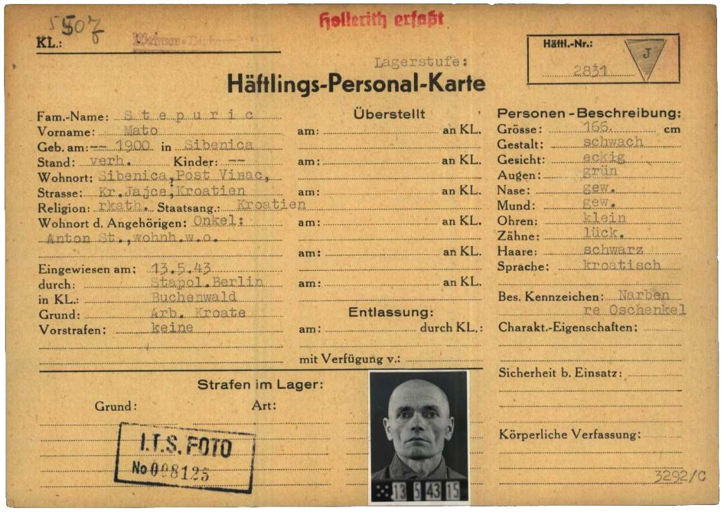 Häftlingspersonalkarte des KZ Buchenwald für Mato Stipuric (hier fälschlich Stepuric).